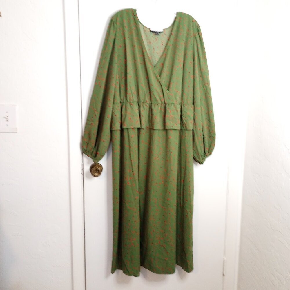 Eloquii Elements Green Print Peplum Waist Midi Dress